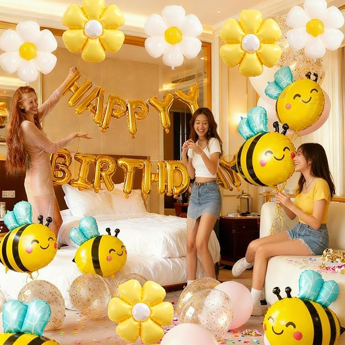 Bee Balloons Daisy Flower Balloons Set Yellow,White Daisy Flower and Bee Foil Mylar Balloons(5+5+5) for Baby Shower Gender Reveal Birthday Party Decorations Fall Bee Theme Balloon Arch Kit