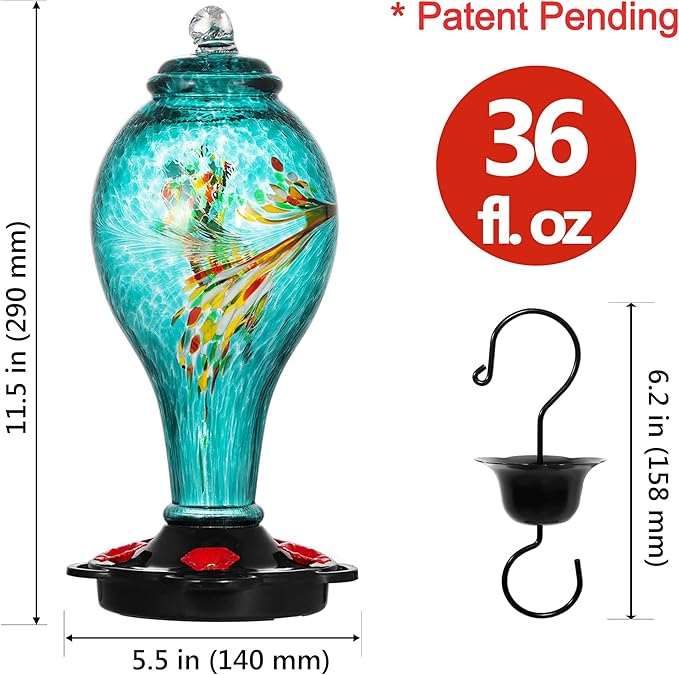 LUJII Hummingbird Feeder, Hand Blown Glass Hummingbird Feeder, Never Fade, 36 Fluid Ounces, 5 Feeding Metal Stations, Much Bigger, Garden Backyard Decorative, Containing Ant Moat (Blue)