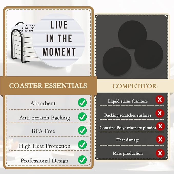 Coasters Set with Holder, 6 Pcs Motivation Quote Absorbent Ceramic Drink Pads, Non-Slip Table Protectors for Coffee & Glasses