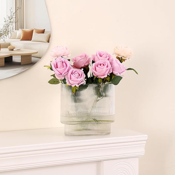 Ribbed Vase, Fluted Glass Vase for Flowers, Clear Flower Vases for Tulips, Modern Vases for Living Room, Dining Table, Office, Bedroom, Mantle, Shelf, Wedding, 7 Inch