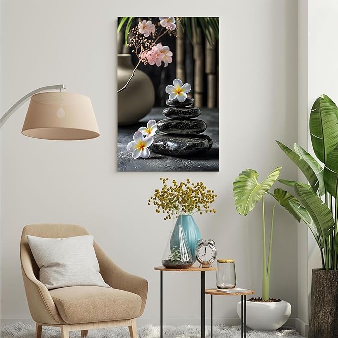 A harmonious black stone stack paired with white and pink flowers bamboo and ceramic vases creates a tranquil Zen decor for minimalist homes and mindful spaces 32x48in Frameless