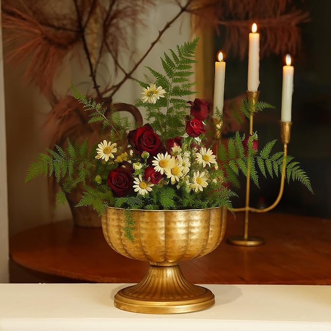 Retro Gold Vases for Centerpieces Set of 2 Brass Metal Vases for Flowers Decorative Pedestal Bowl for Table Centerpieces Floral Arrangments on Housewarming Wedding Party