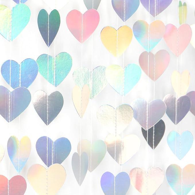 Iridescent Disco-Holographic Heart Garland - 52Ft Wedding Hanging Decoration Neon Streamers Banner, Perfect for Bridal Shower, Birthday, Baby Shower, Engagement, Valentines Day Decor