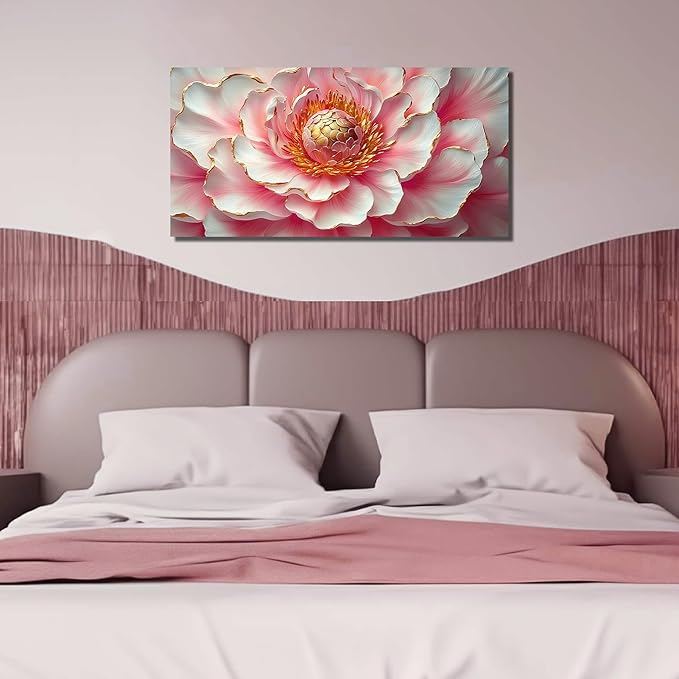 Pink & White Peony Floral Canvas Wall Art with Gold Accents, Abstract Flower Pictures for Living Room Bedroom Wall Decor, Horizontal Printed Painting Artwork Home Decorations, Size 48x24 Inches