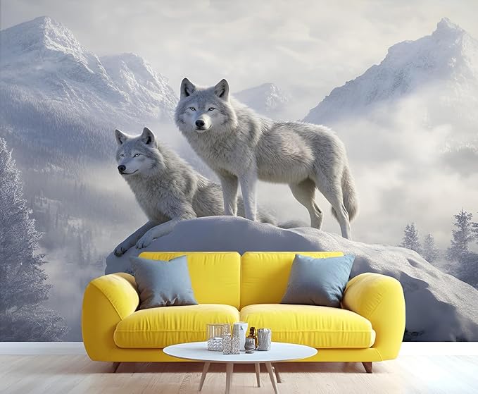 Arctic Wolves Wall Mural, Snow Wolves in Mountain 3D Wall Murals, Winter Wild Animal Wallpaper Mural, for Living Room Bedroom Large Wallpaper Indoor Decor 177.16" W x120 H