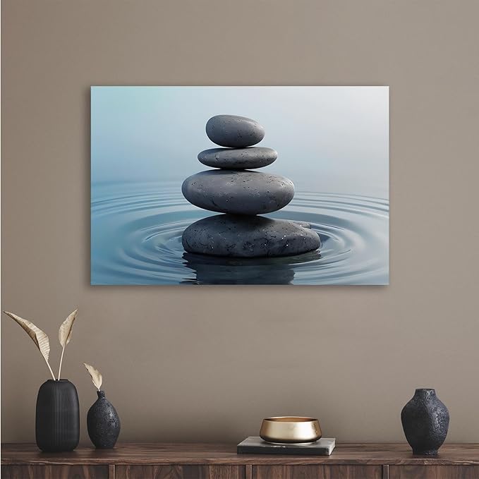 Zen wall art Harmonious grey stones stacked on a calm surface of water Serene Zen decor suitable for tranquil homes and spaces of meditation 20x30in Frameless