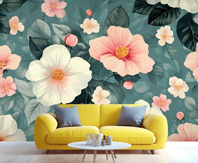 Vintage Hibiscus Flower Wall Mural, Romantic Floral 3D Wall Murals, Botanical Bloom Design Wallpaper Mural, for Living Room Bedroom Large Wallpaper Indoor Decor 197" W x124.8 H