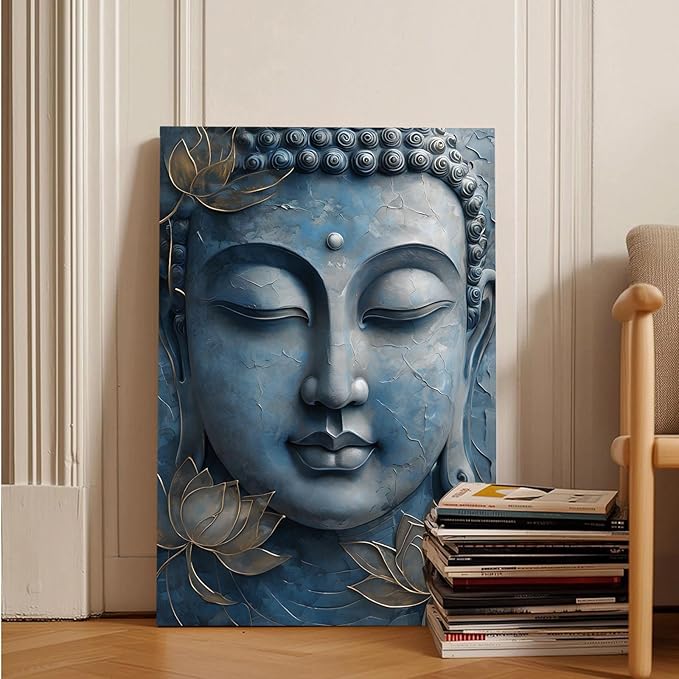 Canvas wall art Golden lotus crown Serene Buddha poster Ethereal blue toned art with delicate floral decor Zen wall art for a tranquil meditation space 16x24in Frameless