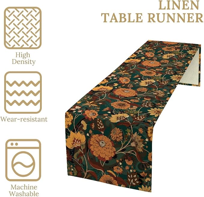 Orange Boho Floral Table Runner, Vintage Bohemian Home Kitchen Table Decoration for Birthday Party Picnic Decoration 13x70 Inch 1PCS