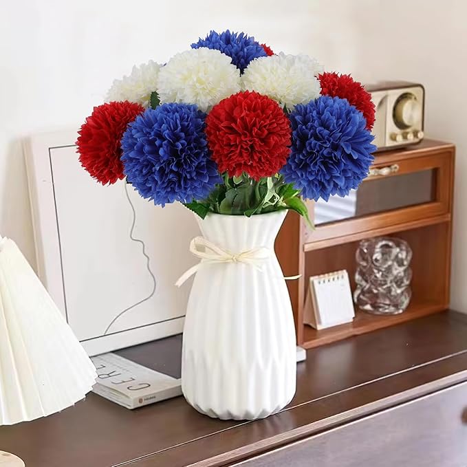 Hananona 12 Pcs Artificial Chrysanthemums Flowers Patriotic Flower, 4th of July Fake Mums Flowers Silk for Home Decor Indoor Memorial Day Table Centerpiece Vase not Included (12, Red, White, Blue)