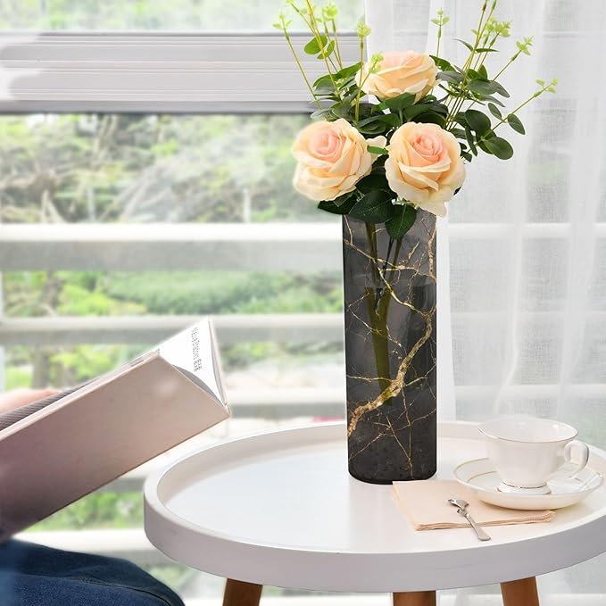 xmyzcd Gold Black Marble Vase Cylinder Vases Clear Plastic Flower Vase Easy to Clean for Centerpieces Homes, Offices, Kitchens