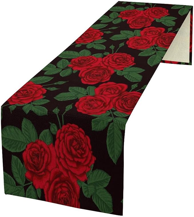 Red Rose Print Table Runner, Romantic Valentines Rose Summer Seasonal Dinner Runner Table Decoration for Home Kitchen Dining Holiday Wedding Party 13x36in