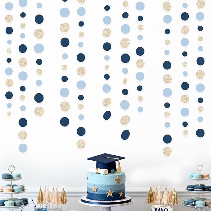Navy Blue Champagne Gold Polka Dots Garland Hanging Paper Circle Dot Streamer for Birthday Baby Shower Wedding Graduation Engagement Bridal Shower Bachelorette Retirement Party Decorations Supplies