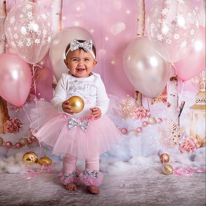 Pink and Silver Balloons 12 Inch Winter Onederland Snowflake Balloon Pearl Pink White Silver Metallic Latex Party Balloons for Winter Christmas Wonderland Girl Birthday Baby Shower Decorations