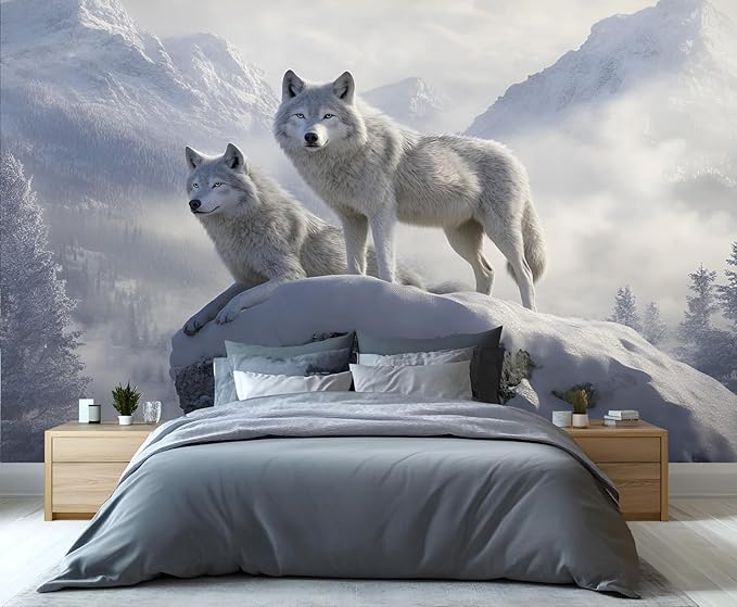 Arctic Wolves Wall Mural, Snow Wolves in Mountain 3D Wall Murals, Winter Wild Animal Wallpaper Mural, for Living Room Bedroom Large Wallpaper Indoor Decor 177.16" W x120 H