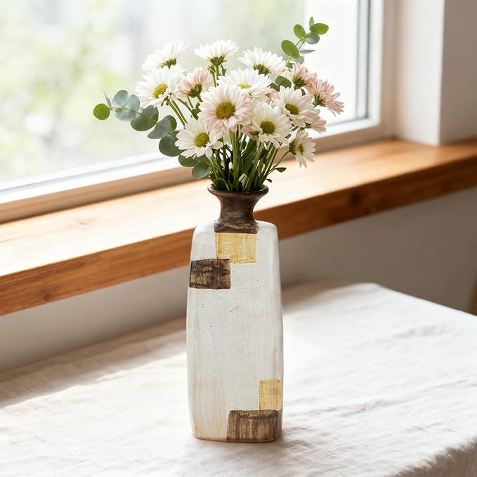 Ceramic Flower Vase Home Decor-8" Tall Vase for Centerpieces,Large Decorative Terracotta Vases, Farmhouse Rustic Pottery Vase for Home Decor Living Room, Table,Shelf or Mantel(Square)