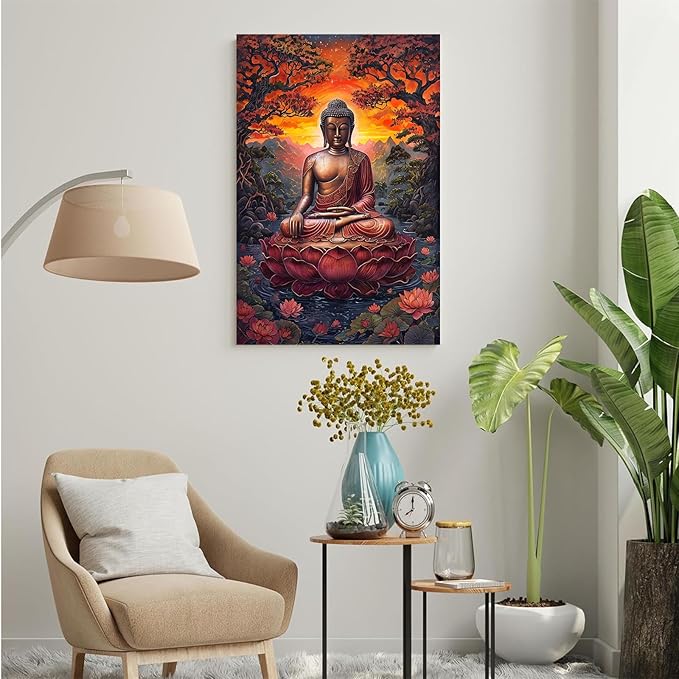 Golden Buddha on lotus seat serene meditation statue amidst lush trees flowing water and sunrise light spiritual home art for a tranquil decor 20x30in Frameless
