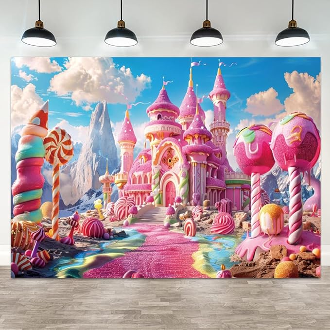 8x6ft Pink Fantasy Castle Backdrop Candy Land Sweet Candy House Photography Background Baby Shower Sweet Girl Princess Birthday Banner Decorations Kids Artistic Portrait Photo Booth Prop