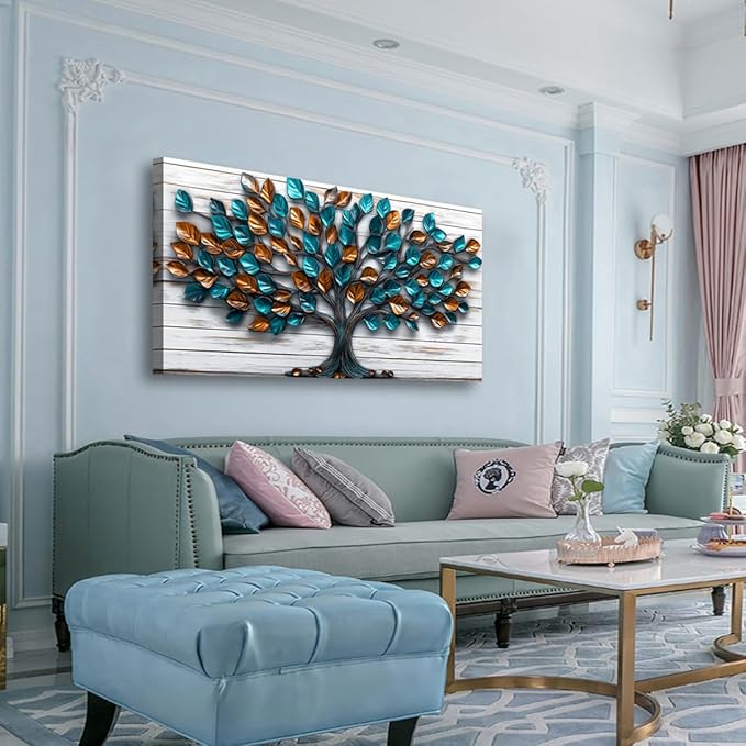 Tree Nature Wall Art Bedroom Abstract Wall Decor Living Room,Tree of Life Canvas Wall Art Office Farmhouse Paintings Artwork Modern Teal Golden Leaves Wall Art Prints Pictures 20 * 40inch
