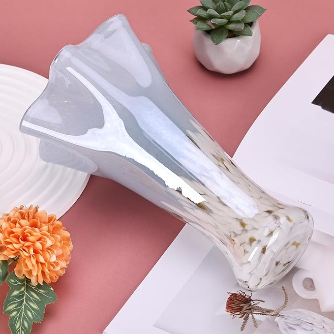 9.0"H Blue Glass Vases for Flowers, Unique Hand Blown Glass Vase Blue White Home Decor, Wide Mouth Colorful Flower Vase Centerpieces, For Living Room Table Bookshelf, Bathroom Office Shelf Decorative