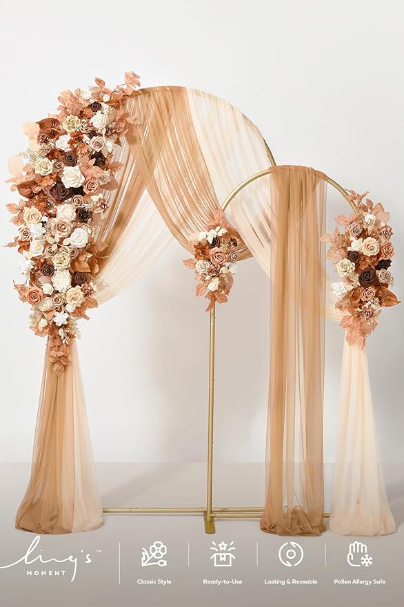 Ling's moment Wedding Arch Backdrop Stand with Flowers - 7.2FT, 6FT Set of 2 Metal Arch Frame with Drapes for Ceremony Decorations - Artificial Floral for Birthday Party, Baby Shower, Rust Boho