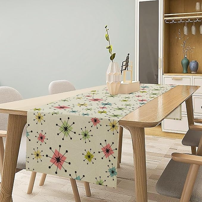 Mid Century Table Runner, Flag Retro Atomic Starburst 1950s Abstract Geometric Space Tabletop Decoration for Home Kitchen Restaurant Table Flag 13x90 Inch