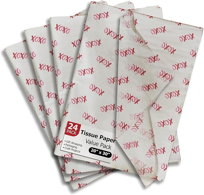 Pro Supply Global XOXO Printed Tissue Paper for Valentine's Day Gift Bags or Boxes and Wrapping - Bulk Decorative Art Tissue Paper for Packaging and Gifting | 24 Sheets 20" x 30"