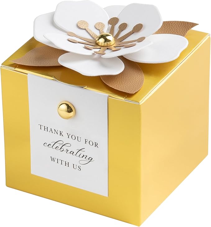 FEIYI 20 PCS Candy Boxes, 3 In 1 Gold Favor Boxes with Floral Decor, White Thank You Tags Gift wrapping for Wedding Birthday Baby Shower Decorations Party -2.55x2.55x2.55''