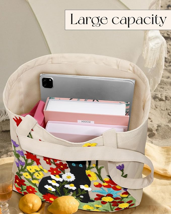 Aesthetic Embroidery Tote Bag for Women - Reusable Canvas Cute Shoulder Bag for Shopping, Grocery, Work, Book