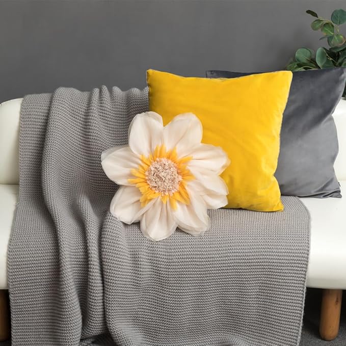 Handmade 3D Flower Round Throw Pillow Cover Elegant Decorative Floral Accent Pillow Case Cute Velvet Cushion for Bed Couch Car Chair Bedroom Boho Farmhouse Home Decor 12 Inch Cream White