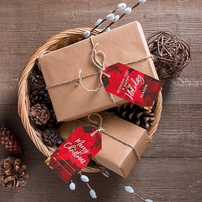 Andaz Press Christmas Holiday Season Classic Gift Tags, Merry Christmas to from and Wishing You A Happy Holiday Season, Poinsettia Design, for Holiday Events, Parties, and Favors, 60-Pack