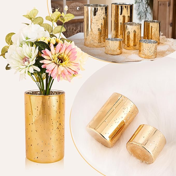 CHILL RECIPE Gold Cylinder Vases Glass Candle Holders Bulk, Mercury Hurricane Candle Holder Small Flower Vases for Centerpieces Tea Light Pillar Votive Candles Wedding Decor Party (8 Set 24Pcs)