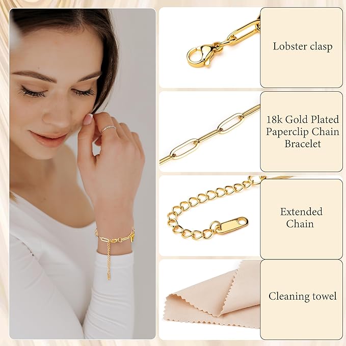 Starry 30pcs Gold Charm Bracelet Making kit 6.3Inch 18k Gold Plated Paperclip Chains Adjustable Bracelets with Lobster Clasps for DIY Women Jewelry Findings Bracelet Making Supplies Accessories