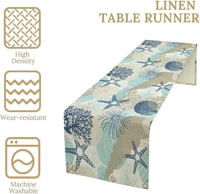 Nautical Coastal Table Runner，Ocean Themed Starfish Coral Conch Beach Kitchen Dinning Table Decoration for Indoor Outdoor Home Party Decor 13x36 Inch