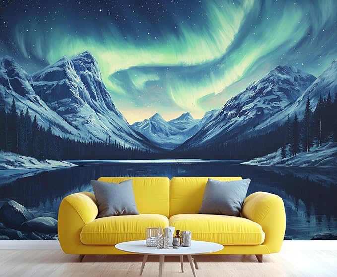 Northern Lights Mountain Wall Mural, Aurora Borealis Lake 3D Wall Murals, Snowy Peaks Starry Sky Wallpaper Mural, for Living Room Bedroom Large Wallpaper Indoor Decor 177.16" W x120 H
