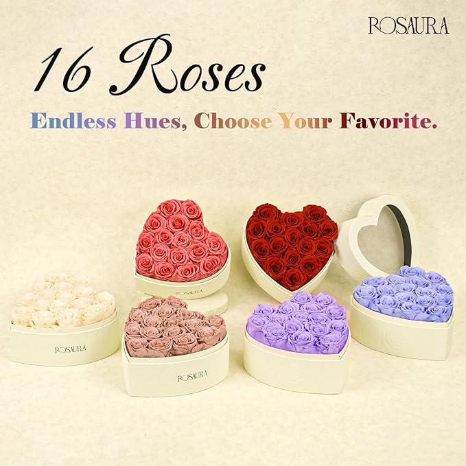 Rosaura Heart-Shaped Preserved Roses Gift Box - Real Forever Flowers for Birthday, Valentine's & Mother's Day (Cappuccino, 16 roses)