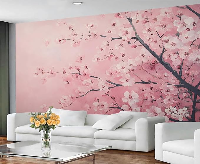 Pink Cherry Blossom Wall Mural, Romantic Cherry Blossom 3D Wall Murals, Japanese Flower Wallpaper Mural, for Living Room Bedroom Large Wallpaper Indoor Decor 177.16" W x120 H