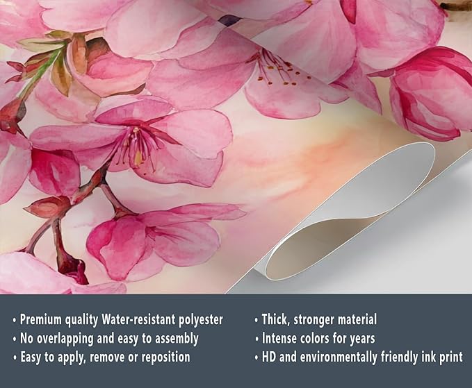 Watercolor Cherry Blossom Wall Mural, Japanese Cherry Blossom 3D Wall Murals, Simple Elegant Flowers Wallpaper Mural, for Living Room Bedroom Large Wallpaper Indoor Decor 137.8" W x100 H