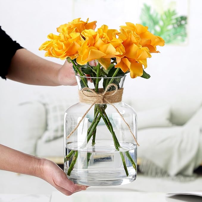 8" Decorative Modern Flower Vase with Twine Rope for Floral Arrangements, Wide Mouth Large Clear Glass Vase for Bouquet(Transparent) (Clear, 03)