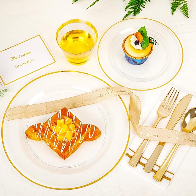 SUT 700Pcs Plastic Dinnerware Set for 100 Guests, Clear and Gold Plastic Plates, Disposable Plates and Napkins Party Supplies, Gold Silverware, Plates, Cups and Napkins Sets for Party Weddings