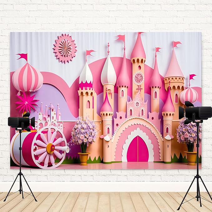 12x10ft Princess Castle Backdrop Pink Purple Floral Girl Birthday Photography Background Kids Birthdays Newborn Baby Shower Banner Decorations Wedding Party Portrait Photo Booth Prop