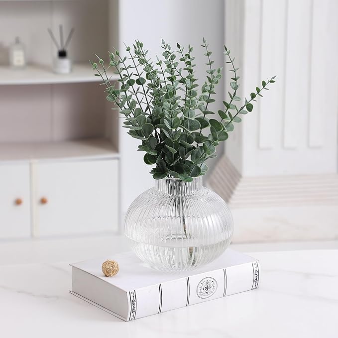 Ribbed Glass Vases, Set of 2 Fluted Vases for Flowers, Clear Glass Vase for Tulips, Modern Vase for Living Room, Kitchen, Office, Entryway, Mantle, Bookshelf, Wedding Gifts, Birthday