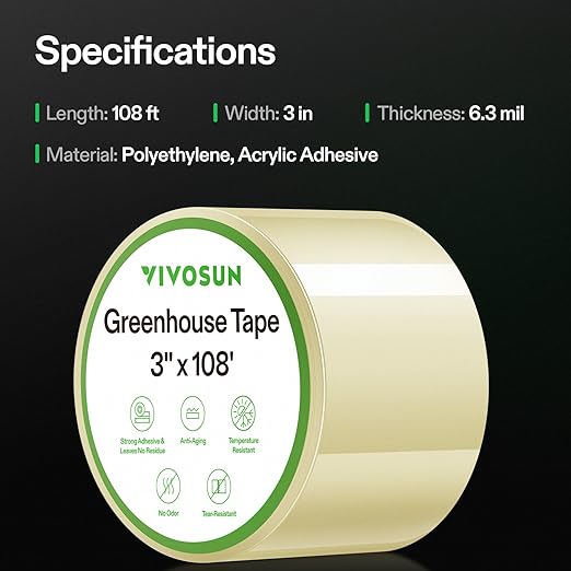 VIVOSUN Greenhouse Repair Tape, 6.3 mil 3" x 108' Weatherproof Clear Poly Patch Tape, Heavy Duty Greenhouse Sheeting Coverings Film Tape for Plastic Sheeting and Tents
