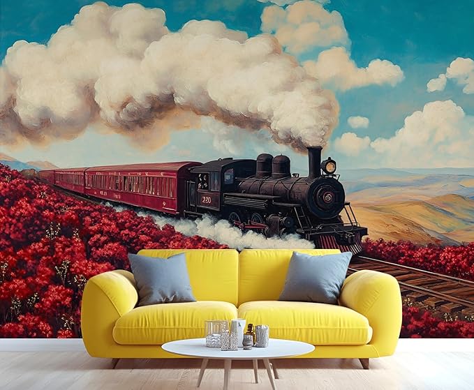 Vintage Train Wall Mural, Steam Engine Landscape 3D Wall Murals, Train Through Flower Field Wallpaper Mural, for Living Room Bedroom Large Wallpaper Indoor Decor 98.4" W x68.9 H