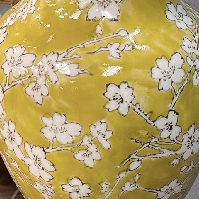Galt International 14” Hand Painted Chinoiserie Ceramic Vase – Antique Style Porcelain Flower Bottle by Galt International, Fishtail Chinese Vase for Home Decor & Centerpiece - Yellow and White Sakura