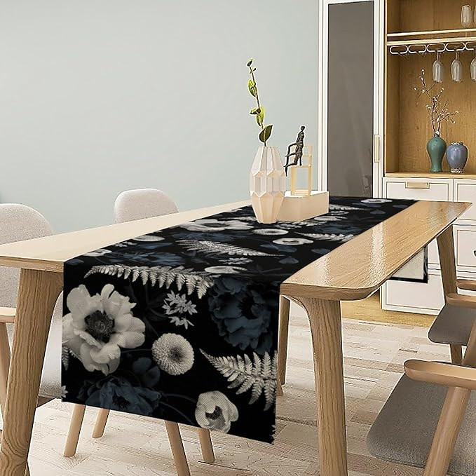 Vintage Floral Table Runner,Gothic Blue White Retro Floral Plant Print Table Runner for Home Kitchen Table Dining Indoor Outdoor Party Decor 13x108 Inch