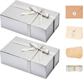 LIFELUM Large Gift Boxes with Lids, 2 Pack 13.8 x 8.3 x 4.4 inch Silver Gift Boxes with Ribbon, Card, Shredded Paper Filler for Presents, Graduation, Christmas, Birthdays