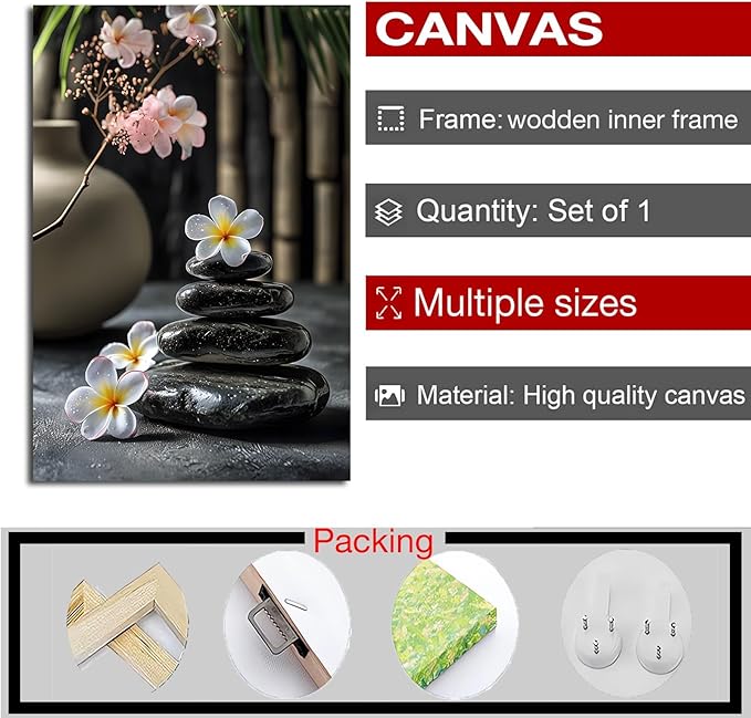 A harmonious black stone stack paired with white and pink flowers bamboo and ceramic vases creates a tranquil Zen decor for minimalist homes and mindful spaces 20x30in Wood Framed