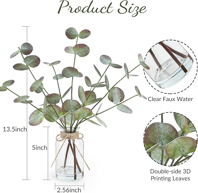 Fall Fake Eucalyptus Stems in Glass Vase with Faux Water 14" Fake Fall Plants with Artificial Eucalyptus Leaves Fall Decorations for Home Bathroom Desk Coffee Table Centerpiece Office Farmhouse Decor