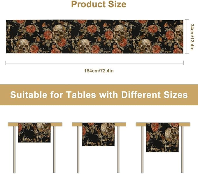 Gothic Table Runner,Vintage Skull Red Floral Pattern Table Runner for Home Kitchen Table Dining Garden Farmhouse Wedding Party Decor 13x60 Inch